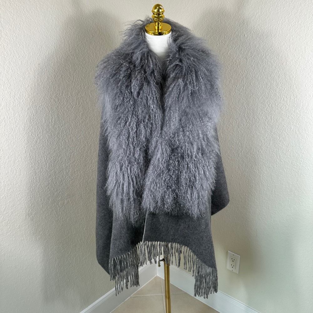 Pologeorgis NWOT Gray Wool Wrap Mongolian Lamb Fur Trim Fringe Cape Poncho Shawl